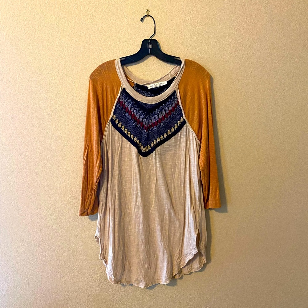 Free people long sleeve shirt, crochet at top, size large